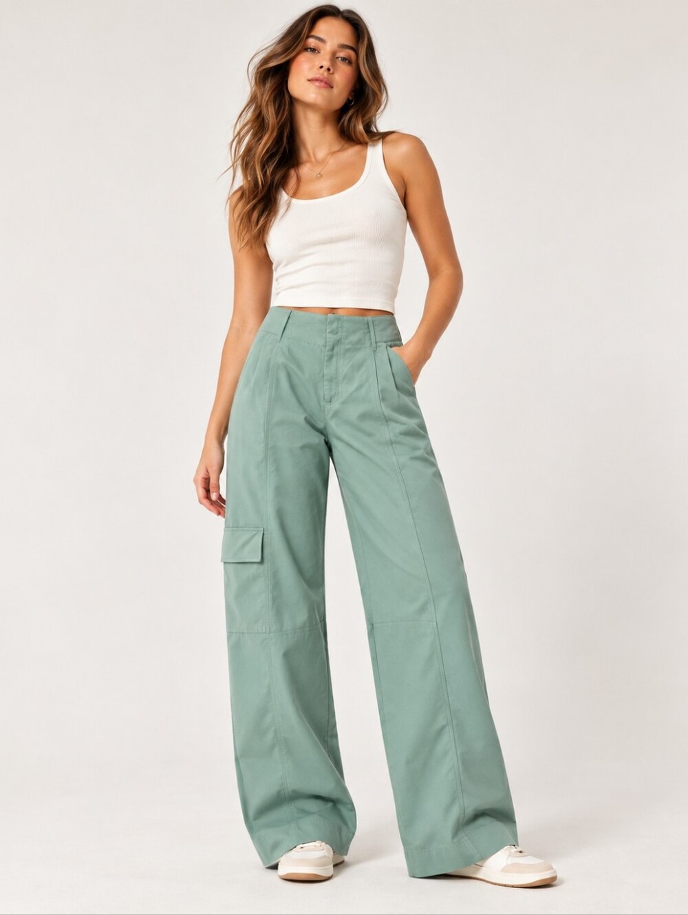 JOELLE (128$) | 'Gabiella' Sage Green Wide Leg Cargo Pants, Size XS